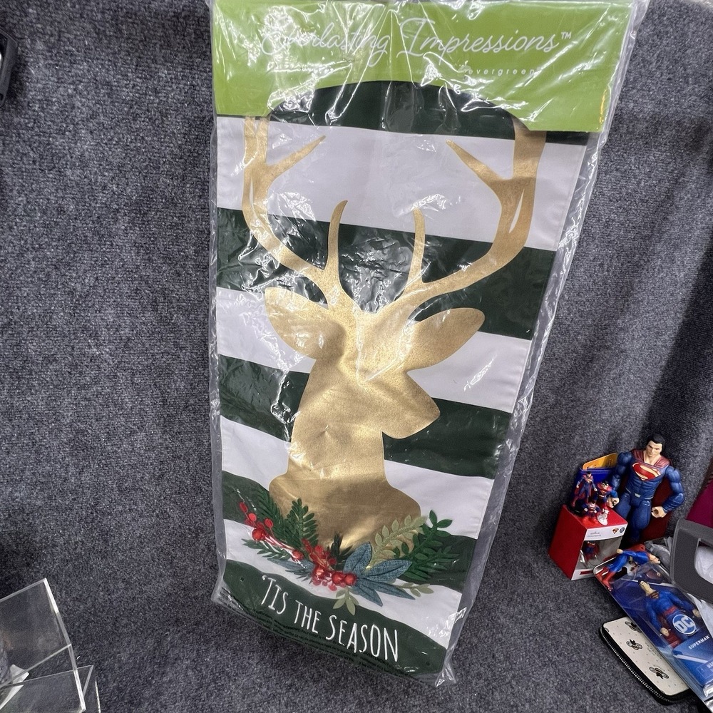 27 x 12.5 'Tis The Season Green White Gold Deer Everlasting Impressions Flag New